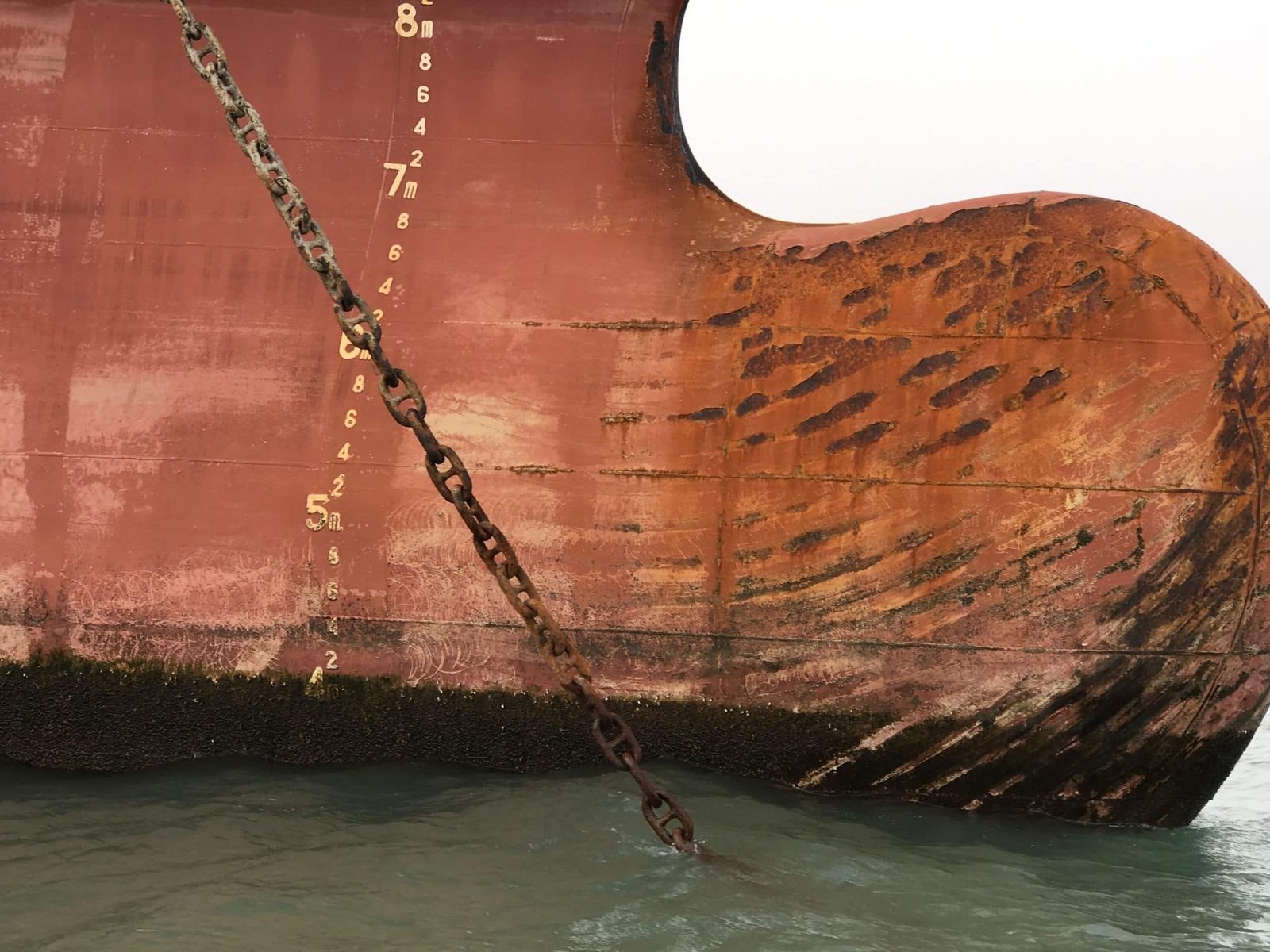 Bow draft marks and fouling at the waterline