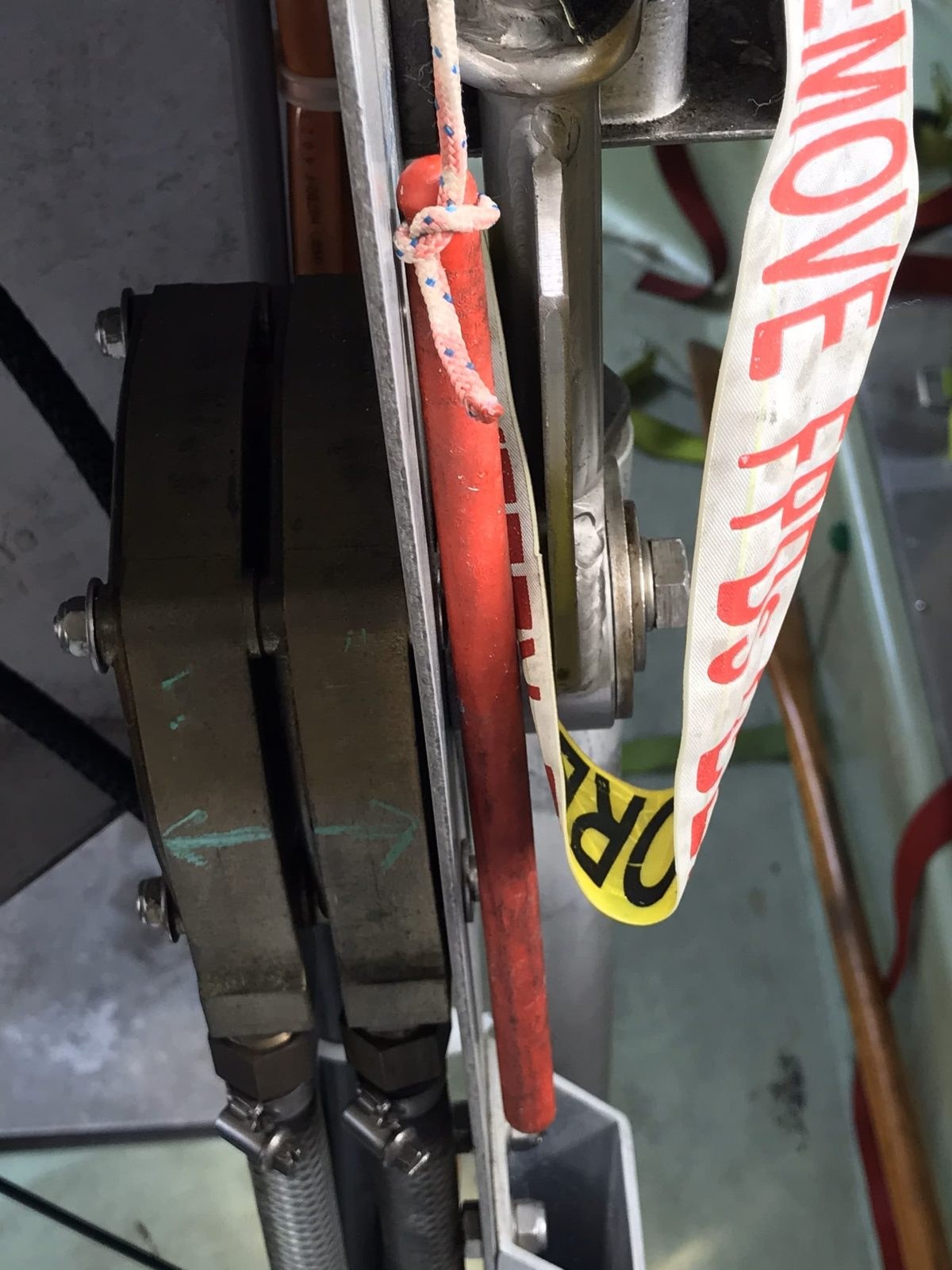 Davit fall wire with the safety tag