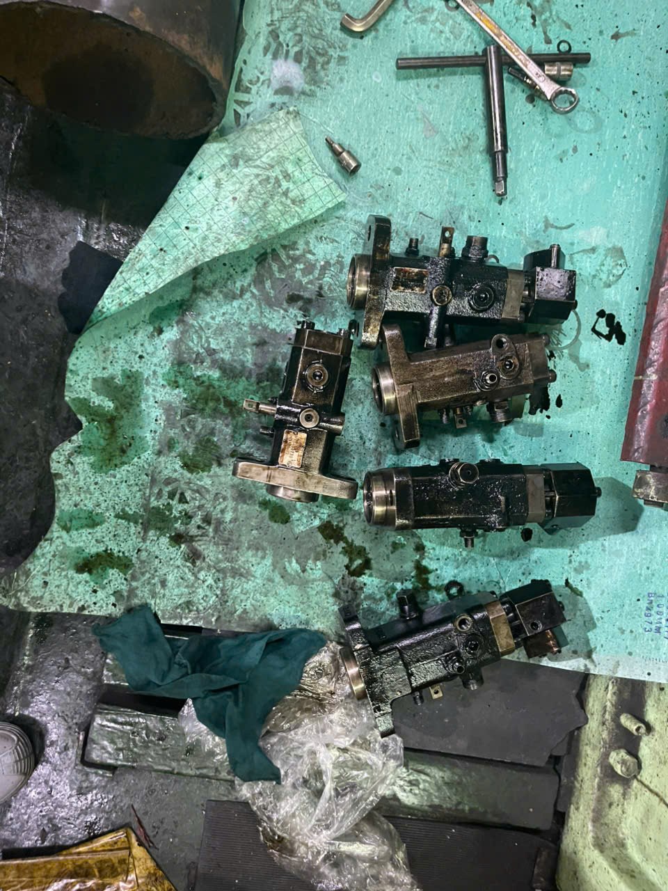 Removed high-pressure fuel-pump assemblies laid out for repair