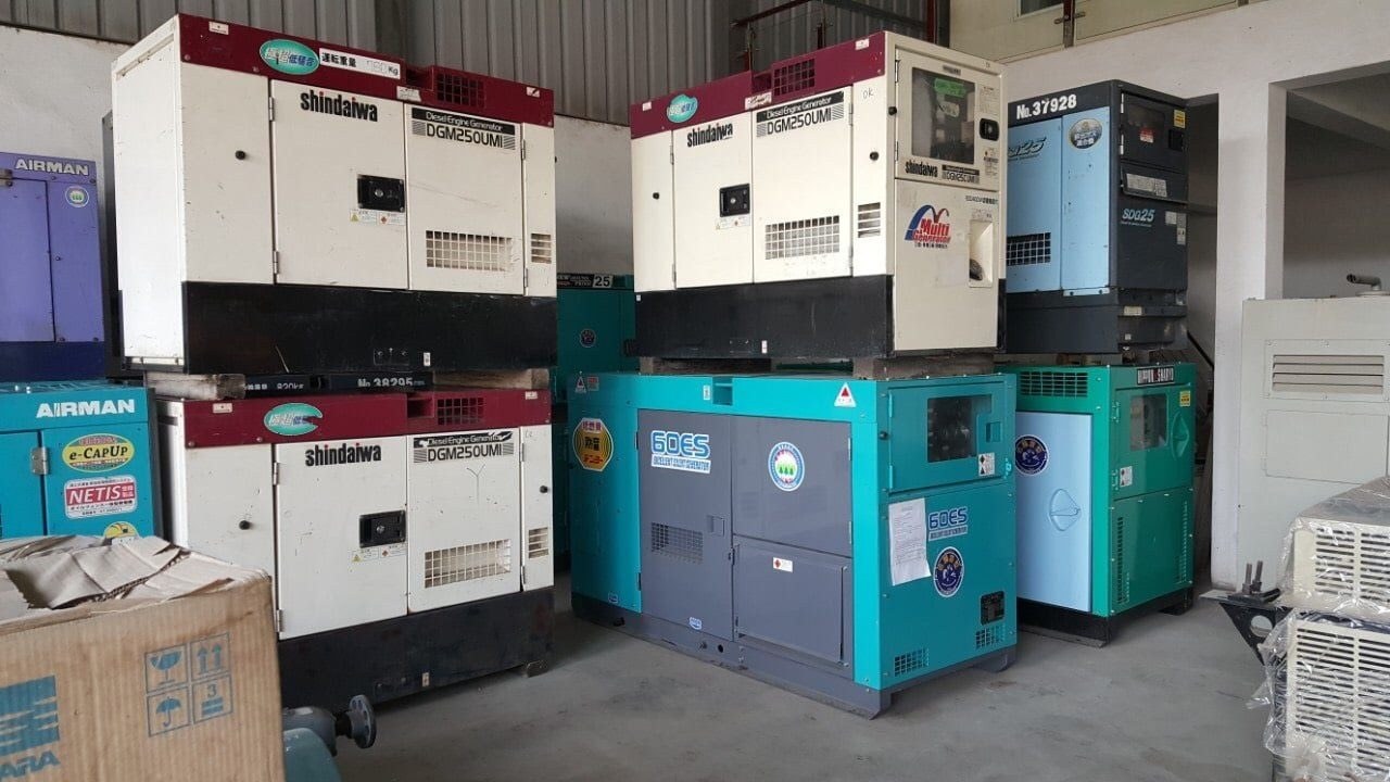 Generator sets stacked in a warehouse