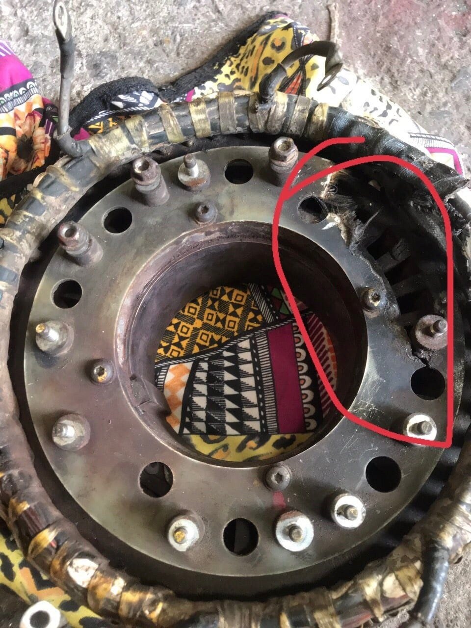 Generator stator end with the damaged section marked