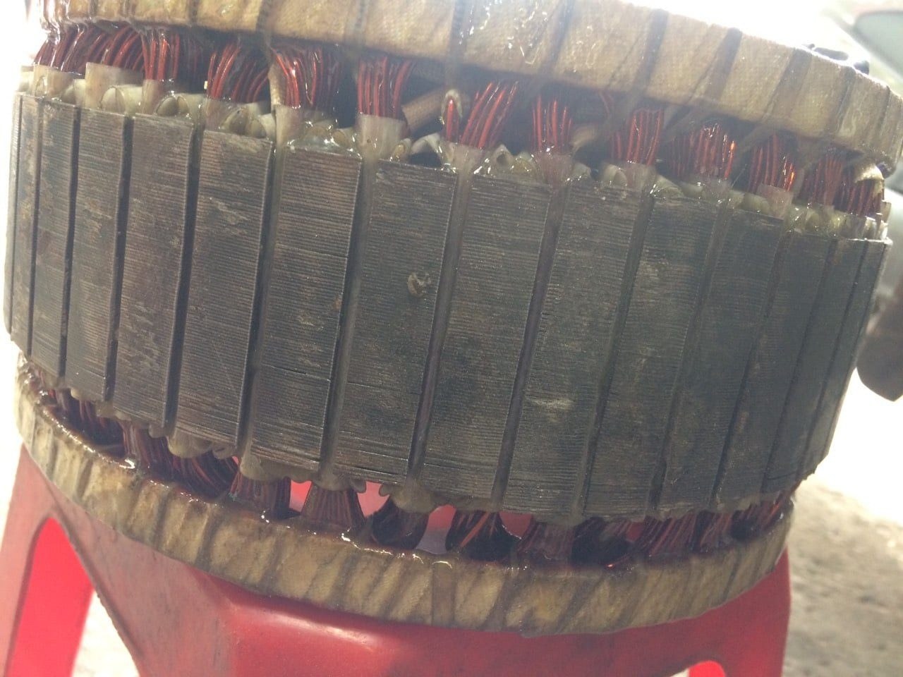Close-up of a generator stator winding