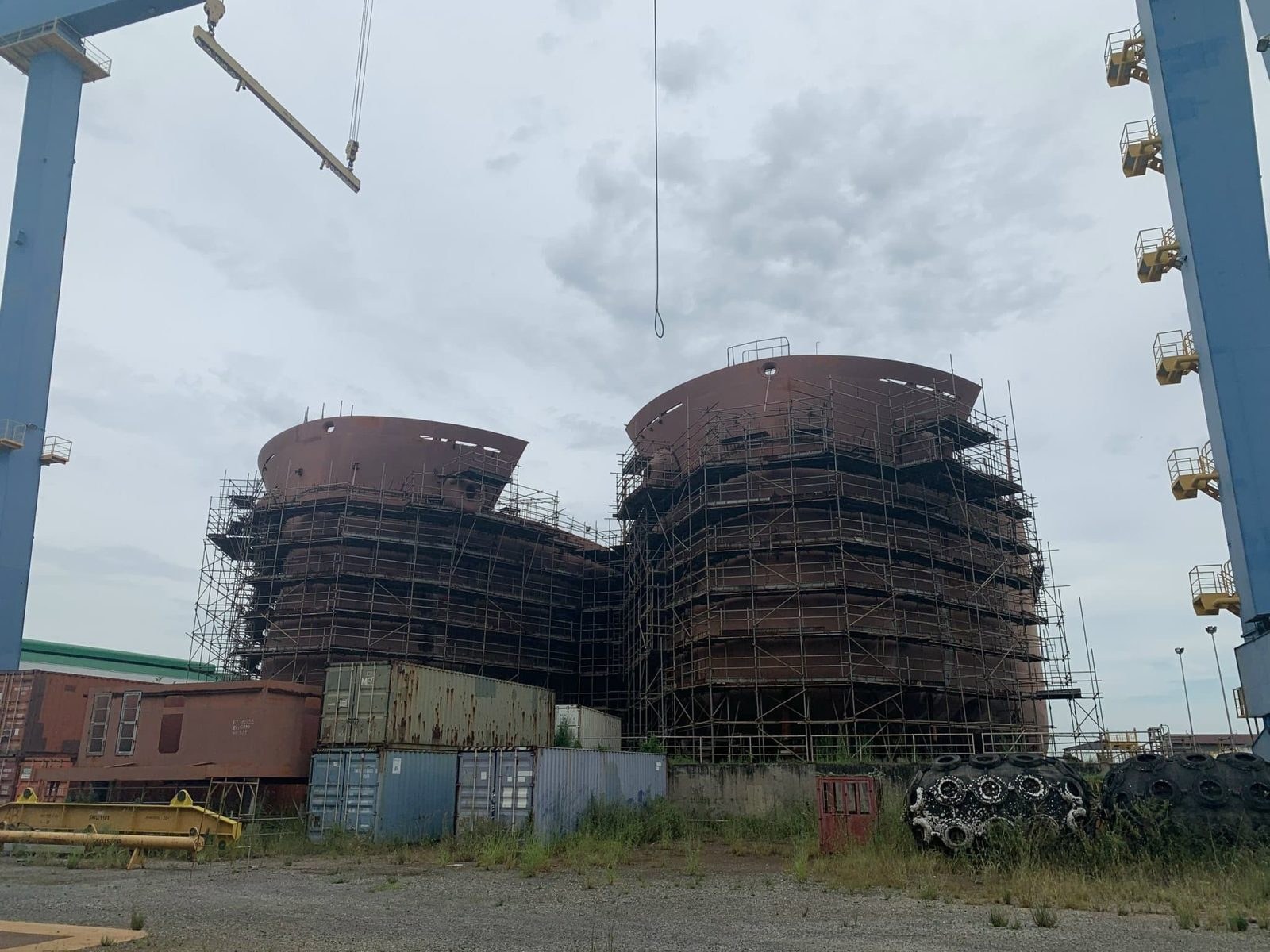 Hull blocks under construction in a shipyard