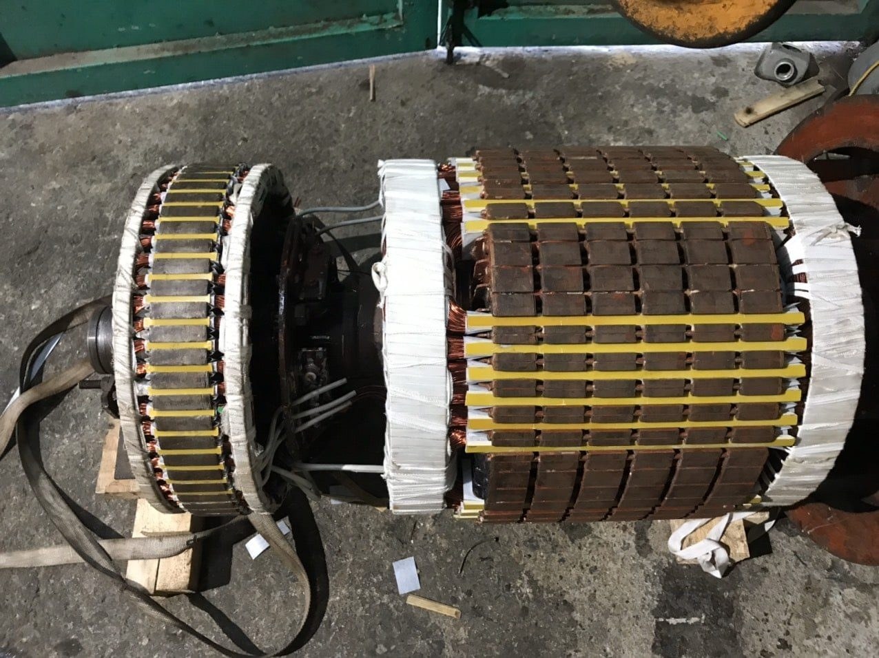 Rewound rotor and stator on the workshop floor