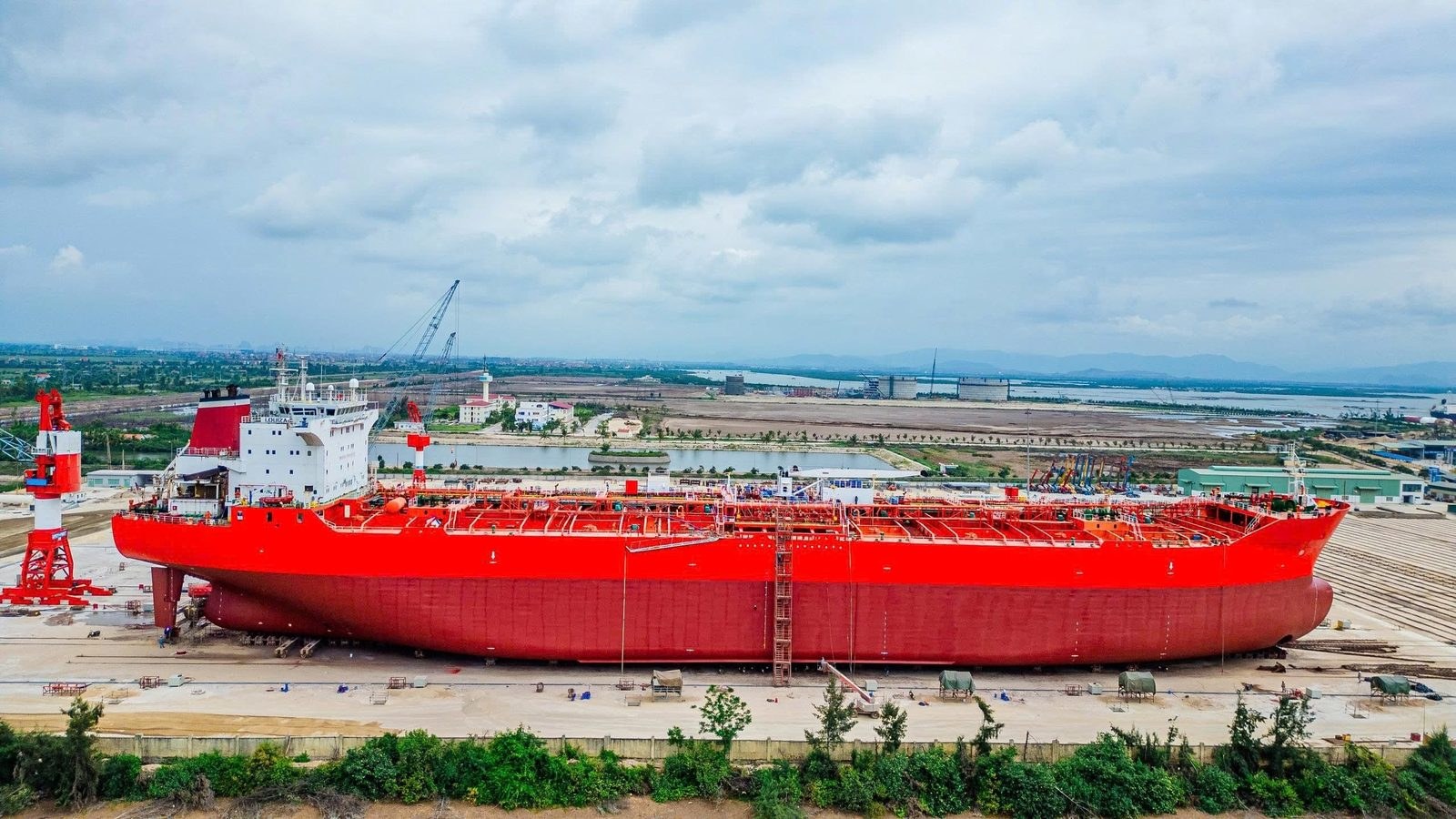 Newbuild tanker at the shipyard
