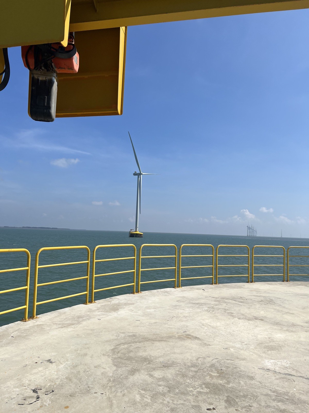 Offshore wind turbine seen from a foundation deck