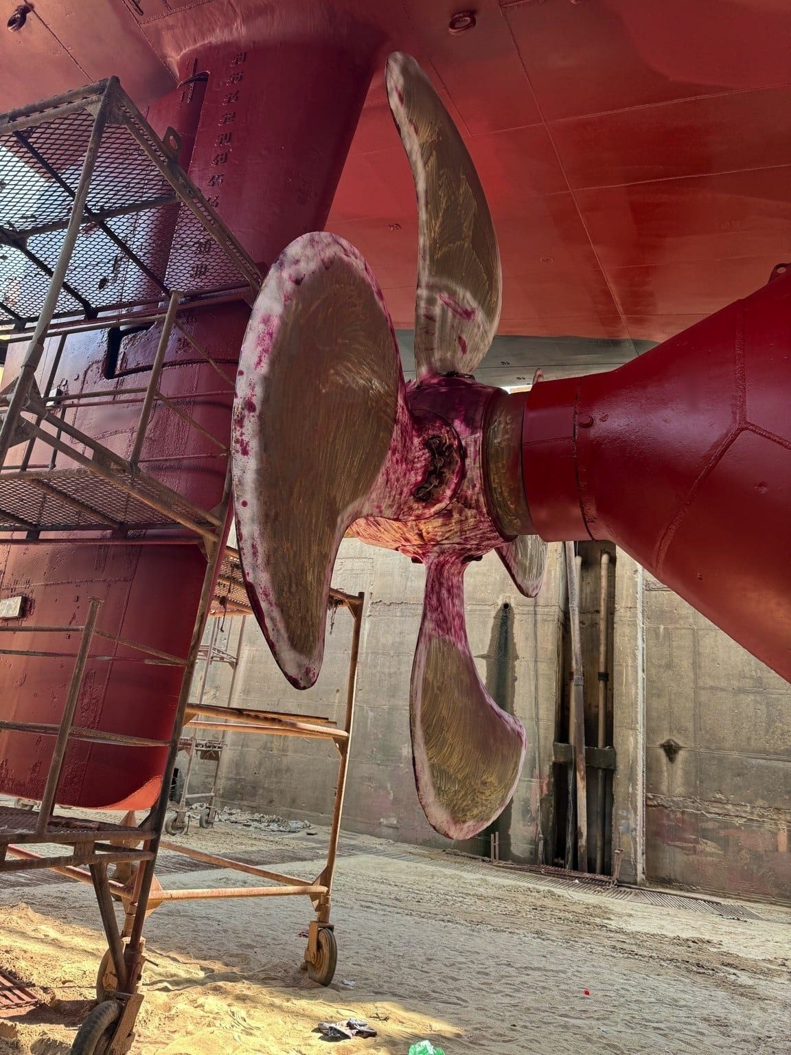 Propeller and rudder in dry dock