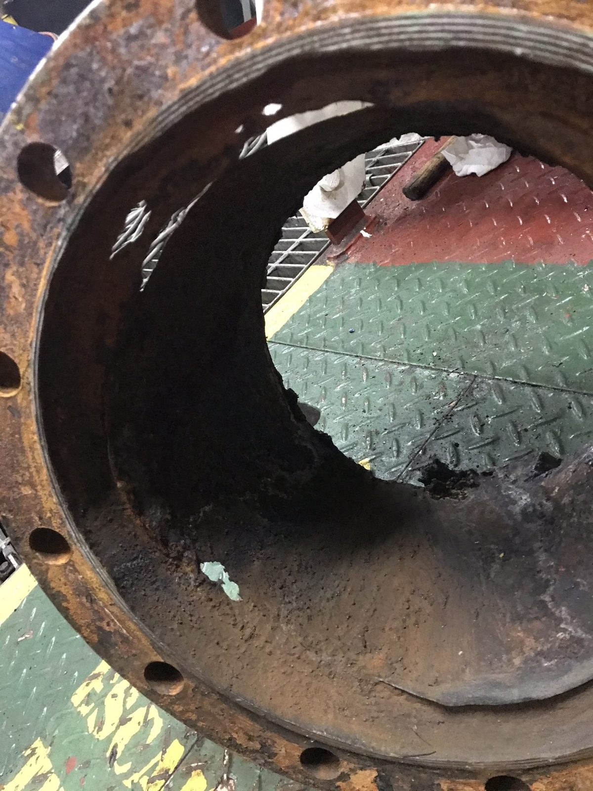 Corroded scrubber overboard pipe before renewal