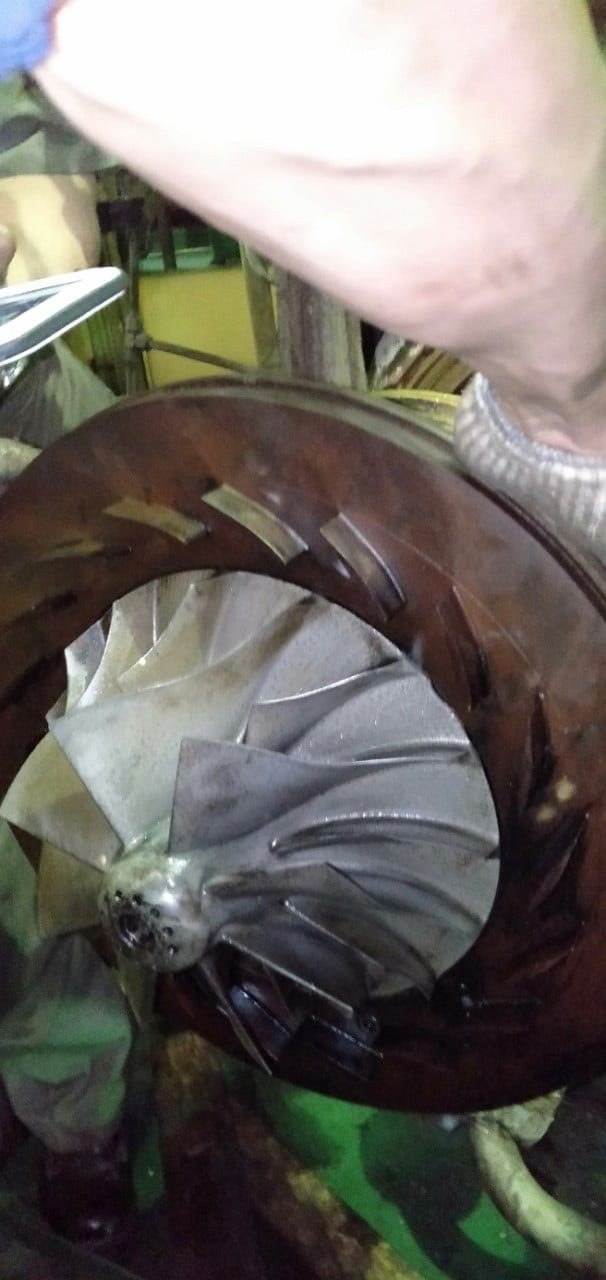 Turbocharger compressor wheel during inspection