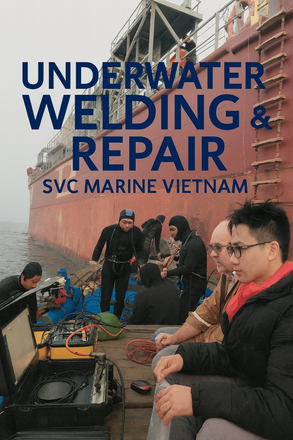 Underwater welding and repair team with diving equipment