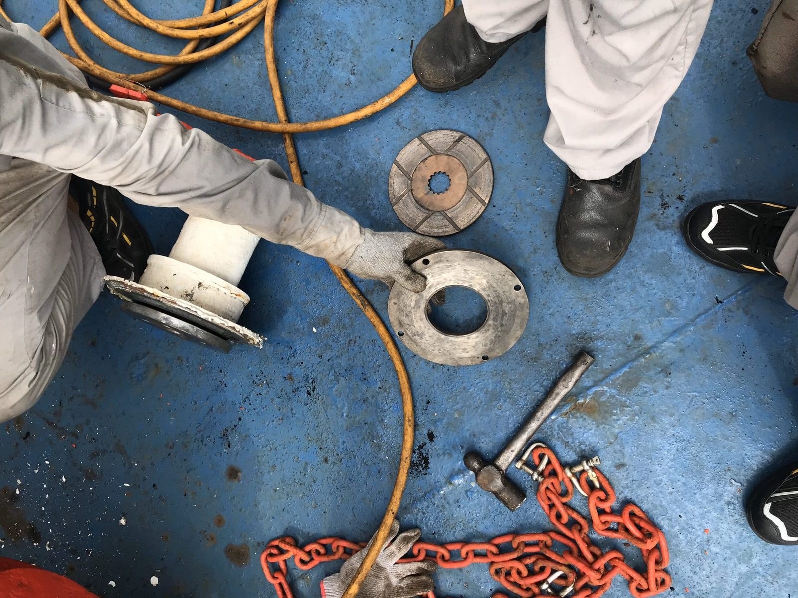 Winch brake discs removed for inspection