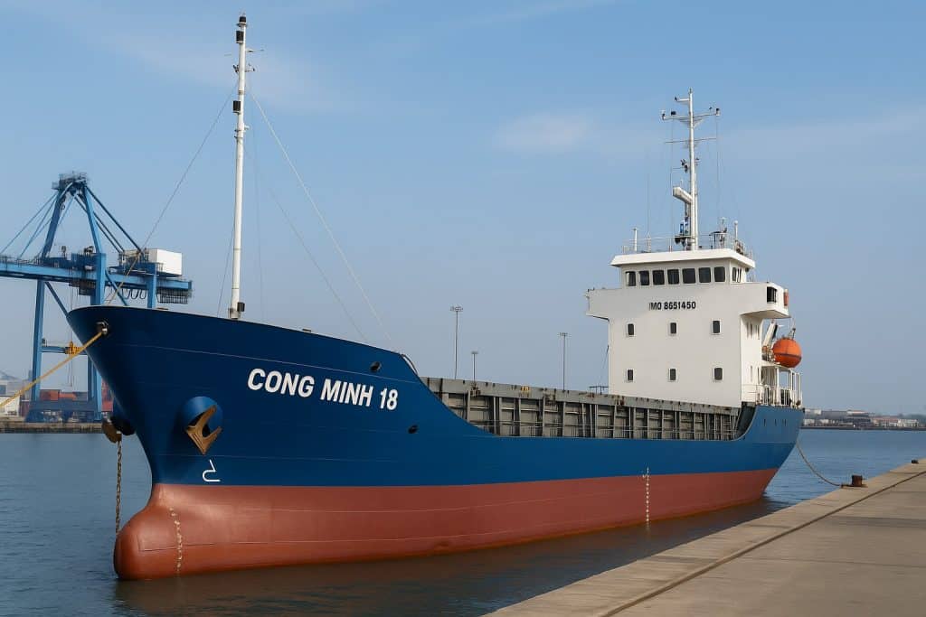 General cargo ship CONG MINH 18 (IMO 9631450) berthed at a Vietnamese port, gearless configuration, delivered on 10 April 2023 to an Iraqi buyer.