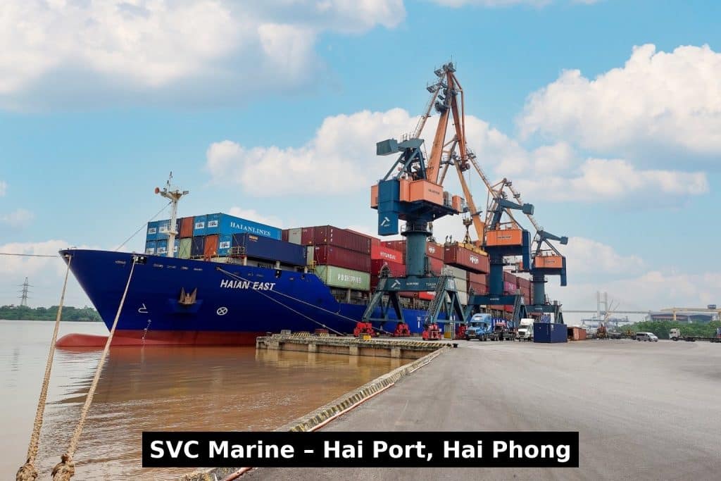 Container vessel loading and unloading at Hai Port, Hai Phong, with SVC Marine ship repair, supply, provision, bonded store, and shipbroker services in Vietnam (+84988701231)