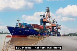 Container vessel loading and unloading at Hai Port, Hai Phong, with SVC Marine ship repair, supply, provision, bonded store, and shipbroker services in Vietnam (+84988701231)