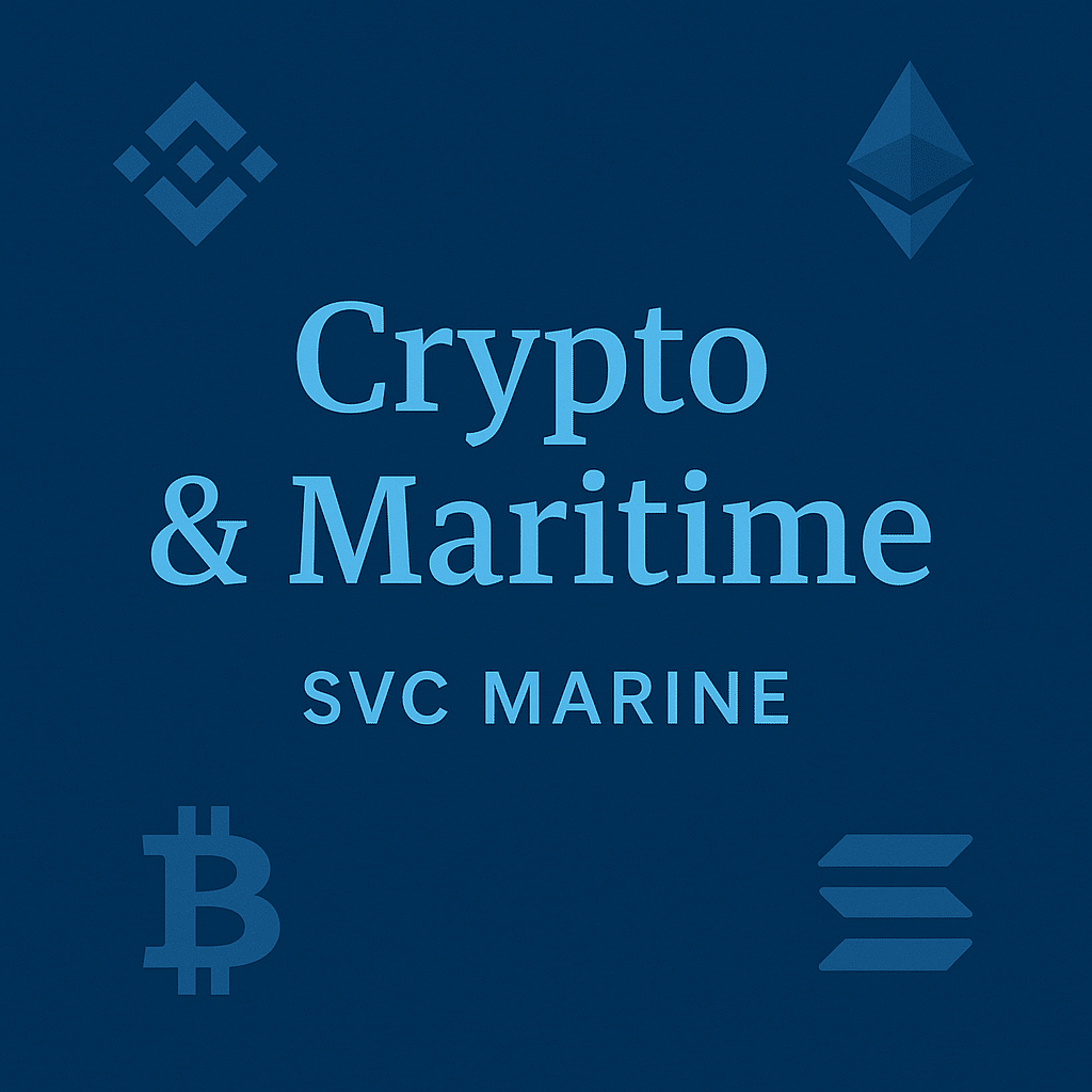 Crypto & Maritime – Bitcoin (orange), Ethereum (gray), BNB (yellow), and Solana (gradient) icons on a light-blue maritime background, SVC Marine