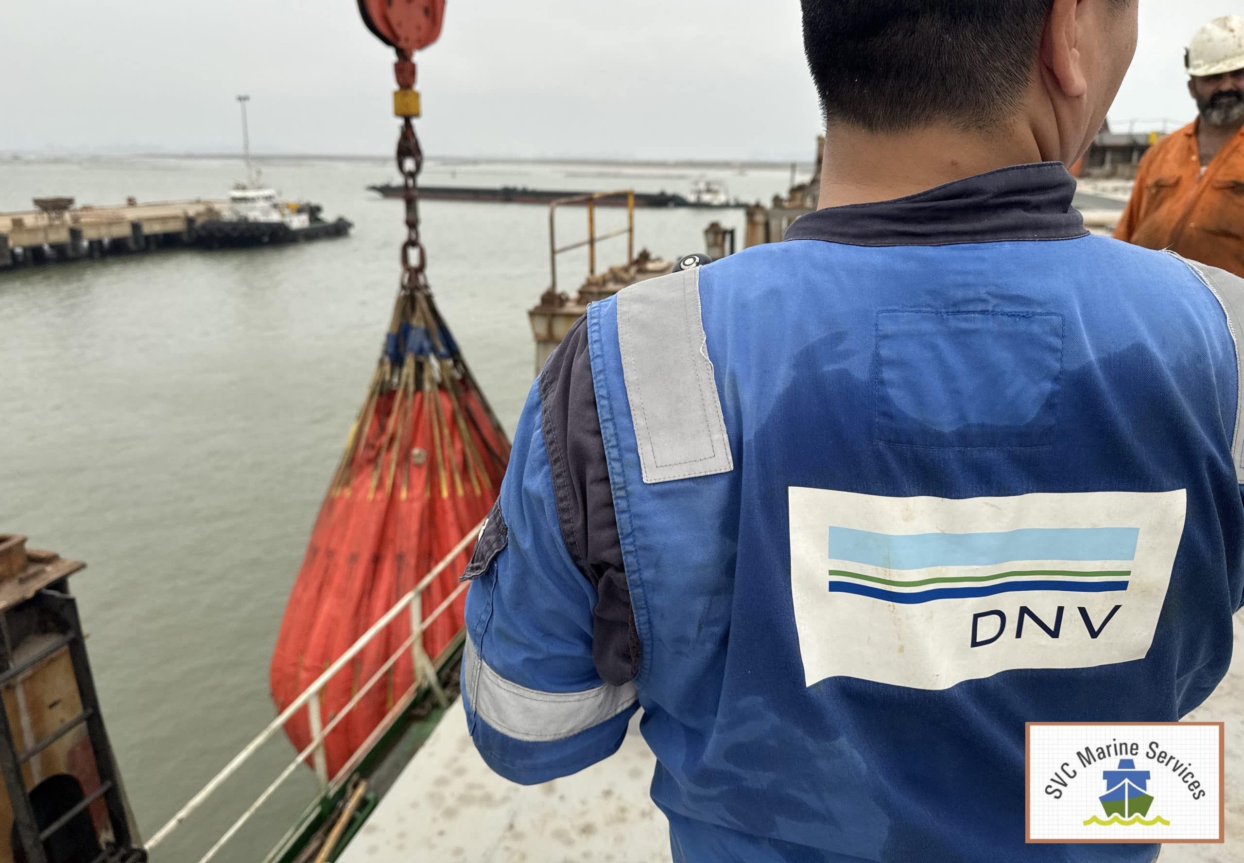 Ship management superintendent inspecting commercial vessel at port for SVC Marine technical and operational support services