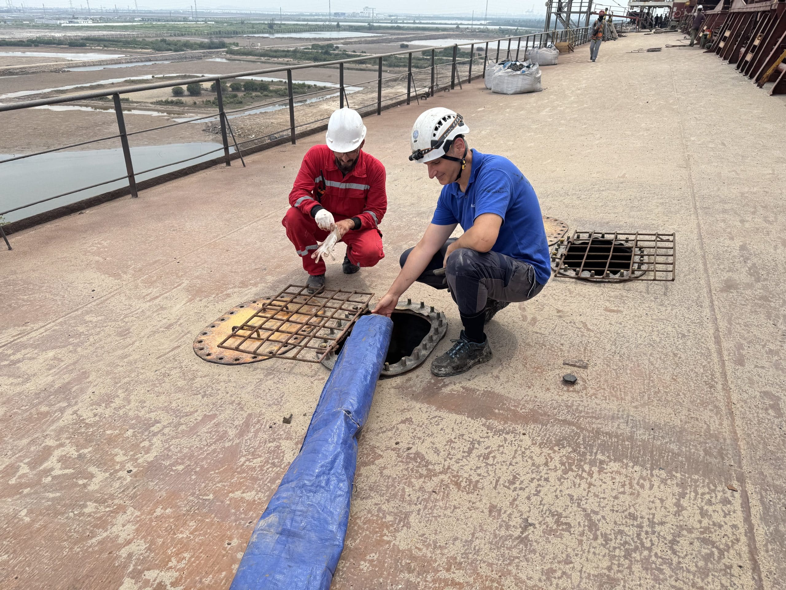 MV OUTLANDER ballast tank inspection with Turkish Lloyd class Hull plating inspection inside ballast tank MV OUTLANDER Turkish Lloyd class survey during MV OUTLANDER drydock SVC Marine drydock support at Nosco Shipyard Vietnam Ballast tank corrosion and steel condition inspection