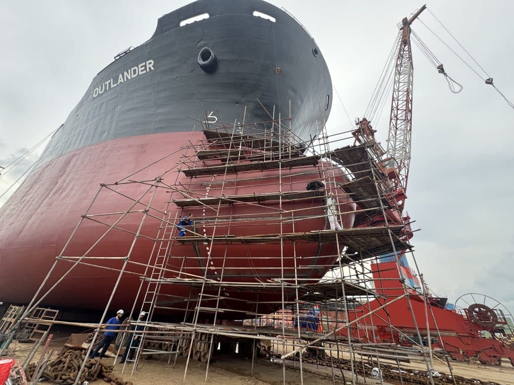 MV OUTLANDER drydock at Nosco Shipyard Vietnam MV OUTLANDER bulbous bow welding renewal Turkish Lloyd class inspection during MV OUTLANDER drydock Steel repair works MV OUTLANDER drydock Vietnam SVC Marine drydock support at Nosco Shipyard MV OUTLANDER ballast tank inspection Turkish Lloyd