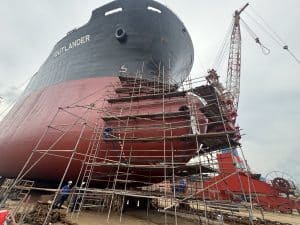 MV OUTLANDER drydock at Nosco Shipyard Vietnam MV OUTLANDER bulbous bow welding renewal Turkish Lloyd class inspection during MV OUTLANDER drydock Steel repair works MV OUTLANDER drydock Vietnam SVC Marine drydock support at Nosco Shipyard MV OUTLANDER ballast tank inspection Turkish Lloyd
