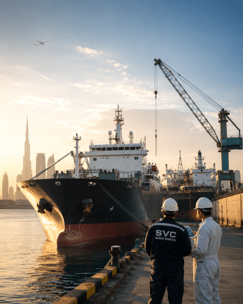SVC Marine technical team supervising merchant vessel at port for drydock, repair and owner’s representative services.