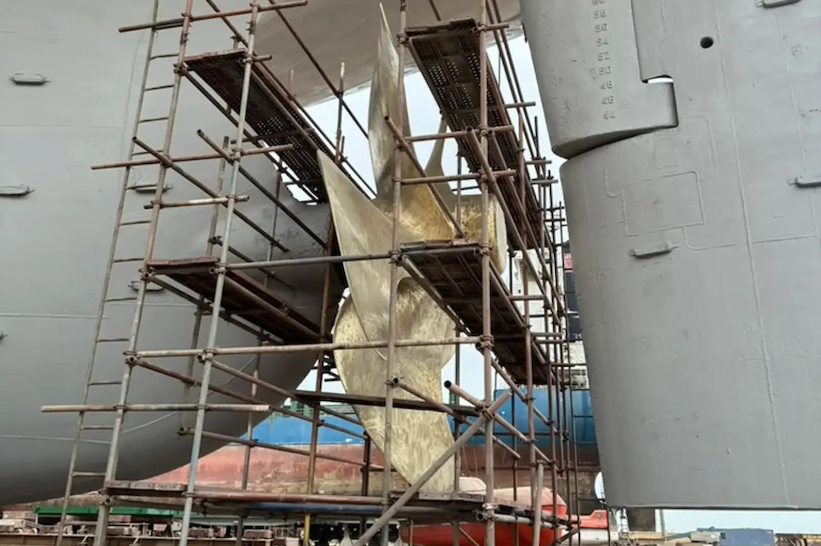 Polished propeller and stern of a vessel in drydock in Vietnam during owner-side repair attendance by SVC Marine