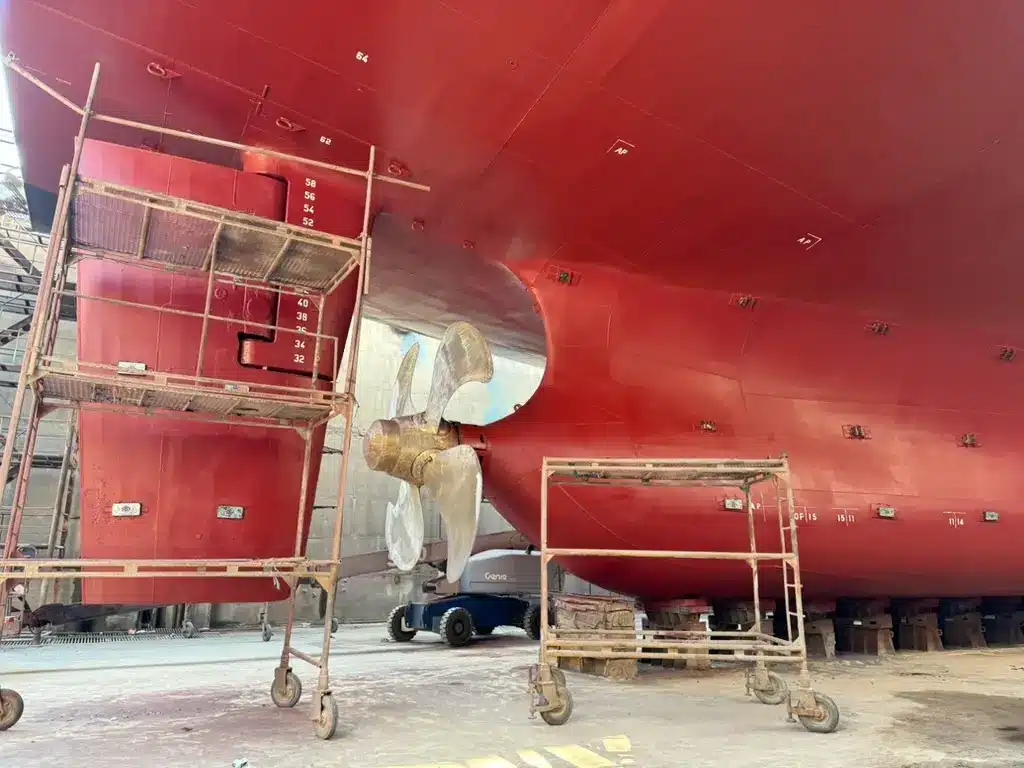 Marine coating drums staged for delivery to a vessel under repair in Vietnam